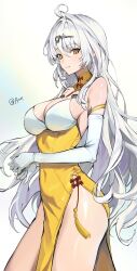 1girl a_(sofi3103) absurdres ahoge armlet breasts cleavage closed_mouth covered_navel cowboy_shot dress elbow_gloves gloves hair_ornament highres jewelry large_breasts long_hair looking_at_viewer pelvic_curtain side_slit simple_background smile solo tassel thighs very_long_hair white_background white_gloves white_hair yellow_dress yellow_eyes yi_xuan_(zenless_zone_zero) zenless_zone_zero