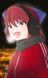 absurdres black_scarf blue_bow bow breast_pocket breath cityscape hair_bow headphones highres kohaku_(tsukihime) looking_at_viewer manaty_sw night night_sky open_mouth pocket red_hair red_track_suit scarf short_hair sky smile sony track_suit tsukihime yellow_eyes