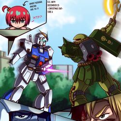 Rule 34 | 1boy, 2girls, aged down, amate yuzuriha, aqua eyes, arrow (symbol), axe, battle, bernard wiseman, blonde hair, blood, blood on face, cable, christina mackenzie, commentary, damaged, earth federation, earth federation space forces, energy sword, english commentary, green eyes, gundam, gundam 0080, gundam alex, gundam gquuuuuux, hair ornament, heat hawk, helmet, highres, holding, holding weapon, injury, mecha, mecha pilot suit, mobile suit, multiple girls, one-eyed, red hair, robot, science fiction, shoulder spikes, spikes, sword, v-fin, weapon, zaku ii fz kai, zeon, zeon132