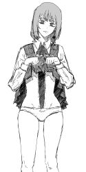 1girl absurdres chainsaw_man closed_mouth clothes_lift collared_shirt death_devil_(chainsaw_man) deep_wound dress dress_lift earrings fami_(chainsaw_man) fourth_east_high_school_uniform greyscale highres ibumuc injury jewelry long_sleeves looking_at_viewer medium_hair monochrome panties pinafore_dress ringed_eyes school_uniform shirt sleeveless sleeveless_dress solo underwear