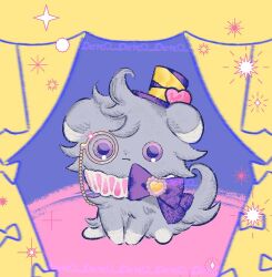 Rule 34 | :3, animal focus, animal hands, bow, closed mouth, colored sclera, creatures (company), espurr, full body, game freak, gen 6 pokemon, grey fur, hat, looking at viewer, mini hat, mini top hat, monocle, nintendo, no humans, octco, pokemon, pokemon (creature), purple bow, purple eyes, purple sclera, ribbon, simple background, sitting, solo, top hat, yellow background, yellow brooch, yellow ribbon