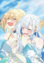 2girls ahoge anisphia_wynn_palettia blonde_hair blush closed_eyes dress euphyllia_magenta hair_ribbon highres hug hug_from_behind lens_flare long_hair medium_hair multiple_girls ribbon signature sky smile tensei_oujo_to_tensai_reijou_no_mahou_kakumei white_dress white_hair yellow_ribbon yoruneko_(liampadolina) yuri
