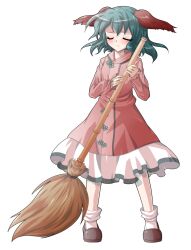 1girl animal_ears aqua_hair blush broom brown_shoes closed_eyes closed_mouth commentary_request dairi dog_ears dog_girl dress dress_flower floating_hair flower frilled_sleeves frills frown full_body holding holding_broom kasodani_kyouko large_variant_set long_sleeves loose_socks medium_hair petticoat pink_dress raised_inner_eyebrows shoes simple_background socks solo standing sweeping tachi-e touhou transparent_background variant_set white_socks wispy_bangs