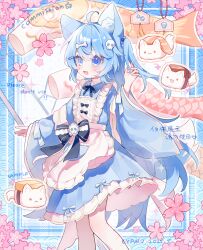 Rule 34 | 1girl, :d, absurdres, ahoge, animal ear fluff, animal ears, apron, black bow, black bowtie, blue border, blue dress, blue eyes, blue hair, blush, bone hair ornament, border, bow, bowtie, commission, cyano, dated, dog, dog ears, dog girl, dress, feet out of frame, food, frilled apron, frilled dress, frills, hair ornament, hand up, highres, long hair, long sleeves, one side up, open mouth, original, outline, outside border, signature, smile, solo, standing, sushi, very long hair, watermark, white apron, white background, white outline, wide sleeves
