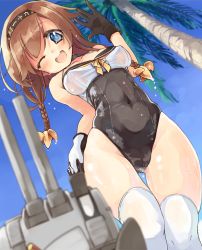 10s 1girl :d ;d adapted_costume blue_eyes blue_sky blurry blush braid brown_hair cameltoe choker chou-10cm-hou-chan chou-10cm-hou-chan_(teruzuki&#039;s) clothes_writing collarbone covered_navel day depth_of_field dutch_angle female_focus from_below gloves gluteal_fold hair_ornament hairband highleg highleg_one-piece_swimsuit kantai_collection light_brown_hair long_hair naka_akira one-piece_swimsuit one_eye_closed open_mouth outdoors outstretched_hand palm_tree see-through_clothes shiny_skin sky smile solo swimsuit teruzuki_(kancolle) thigh_gap thighhighs tree twin_braids wet white_thighhighs