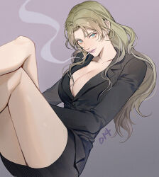 1girl black_jacket black_skirt blonde_hair blue_eyes breasts cigarette cleavage commentary_request crossed_legs earrings jacket jewelry light_smile long_hair meitantei_conan miniskirt numbered purple_lips simple_background skirt smoke solo vermouth_(meitantei_conan) yoshicha