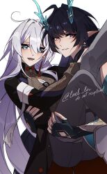 2girls ahoge aqua_horns aqua_nails black_hair black_shirt blade_(honkai:_star_rail) blade_(honkai:_star_rail)_(cosplay) blue_eyes carrying carrying_person chinese_clothes commentary cosplay dan_heng_(honkai:_star_rail) dan_heng_(honkai:_star_rail)_(cosplay) diamond-shaped_pupils diamond_(shape) dragon_girl earrings eastern_dragon_horns english_commentary fingerless_gloves gloves grey_pants highres honkai:_star_rail honkai_(series) honkai_impact_3rd horns jewelry kiana_kaslana linel_lin long_hair multiple_girls open_mouth pants pointy_ears purple_eyes raiden_mei shirt signature smile symbol-shaped_pupils white_hair
