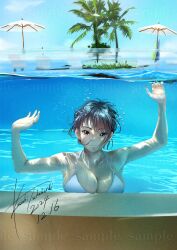 1girl bikini blue_hair blue_sly breasts cleavage pool swimsuit tree underwater white_bikini