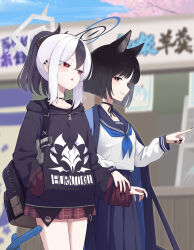 Rule 34 | 2girls, absurdres, animal ears, bag, black bag, black choker, black hoodie, black nails, black shirt, blue archive, blue neckerchief, blue sailor collar, blue skirt, blush, bob cut, cat ears, cat girl, cat tail, choker, demon girl, demon horns, hair between eyes, hands in pockets, highres, holding, holding bag, hood, hoodie, horns, kayoko (blue archive), kikyou (blue archive), long hair, multicolored hair, multiple girls, multiple tails, neckerchief, parted bangs, plaid clothes, plaid skirt, pointing, red skirt, sailor collar, shiroiurushi, shirt, short hair, sidelocks, skirt, smile, tail, two-tone hair, two tails, white hair