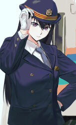 1girl absurdres adjusting_clothes adjusting_headwear bang_dream! bang_dream!_it&#039;s_mygo!!!!! black_hair blue_hat blue_jacket chinese_commentary closed_mouth commentary_request gloves grey_necktie hair_between_eyes hand_on_own_hip hat highres jacket long_hair mole mole_under_eye necktie purple_eyes rainbow_hose shiina_taki shirt solo upper_body white_gloves white_shirt