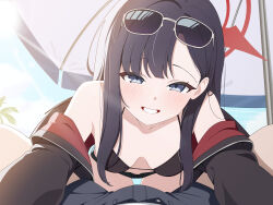 1boy 1girl absurdres bare_shoulders bikini black_bikini black_hair black_jacket black_wings blue_archive blue_eyes blush breasts eyewear_on_head feathered_wings halo highres ichika_(blue_archive) ichika_(swimsuit)_(blue_archive) jacket long_hair long_sleeves looking_at_viewer navel official_alternate_costume schwarz_rubin smile sunglasses swimsuit wings