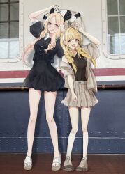 2girls absurdres animal_ears blonde_hair blue_eyes braid breasts buttons collared_shirt fujita_kotone gakuen_idolmaster highres idolmaster izuminnu jacket juo_sena kneehighs long_hair long_legs medium_breasts miniskirt mouse_ears multiple_girls open_clothes open_jacket open_mouth photo_background pleated_skirt railing sandals shirt shoes side_braid single_braid skirt small_breasts smile socks striped_clothes striped_shirt thighs twin_braids window wooden_floor yellow_eyes