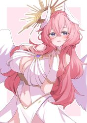 1girl angel angel_wings bare_shoulders blush breasts bridal_gauntlets cleavage clothing_cutout crossed_bangs dress feathered_wings hair_between_eyes hair_ornament halo highres huge_breasts large_breasts liloumois long_hair looking_at_viewer navel open_mouth pink_hair purple_eyes six_box smile solo vrchat white_dress white_wings wing_hair_ornament wings