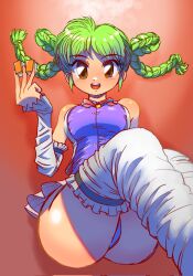 Rule 34 | 1girl, ass, blush, braided pigtails, brown eyes, button shirt, detached sleeves, green hair, highres, huge ass, janborg suzume, panties, sitting, skirt, takahiko denki, thighhighs, underwear