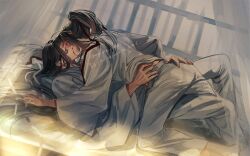 2boys ahoge alternate_costume barefoot bathrobe bed bed_sheet bishounen black_hair blush chinese_clothes closed_eyes couple curtains dated dutch_angle french_kiss hair_ribbon hand_on_another&#039;s_ass hand_on_another&#039;s_hip hanfu high_ponytail highres hug indoors kiss lan_wangji lifting_another&#039;s_clothes long_hair long_sleeves lying lying_on_person male_focus mg_ms_dayo modao_zushi multiple_boys on_back on_bed pants pillow ponytail red_ribbon ribbon robe sidelocks smile spread_legs twitter_username very_long_hair watermark wei_wuxian white_pants white_ribbon white_robe wide_sleeves window yaoi