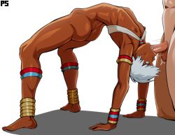 1boy 1girl arched_back artist_logo ass blue_eyes capcom clothes_lift dark-skinned_female dark_skin elena_(street_fighter) fellatio flat_chest from_side full_body hetero interracial logo looking_at_penis nipples oral ponpu_(pumpkinsinclair) short_hair simple_background skinny solo_focus strapless street_fighter street_fighter_iii_(series) tall_female tube_top tube_top_lift upside-down very_dark_skin white_background white_hair white_tube_top