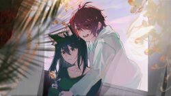 2girls :d animal_ear_fluff animal_ears arknights black_hair chinese_commentary closed_mouth collarbone commentary_request curtains detached_wings exusiai_(arknights) eyes_visible_through_hair flower green_shirt hair_between_eyes hair_over_one_eye halo hand_on_another&#039;s_head headpat heads_together highres holding holding_flower hood hood_down hooded_jacket jacket long_sleeves medium_hair multiple_girls open_mouth red_hair shirt short_hair smile t-shirt texas_(arknights) thewintermarket traditional_halo transparent v-neck white_jacket wings wolf_ears wolf_girl yellow_eyes yellow_flower yellow_halo