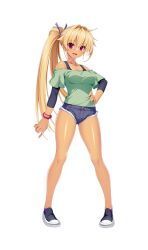 1girl bare_shoulders blonde_hair bracelet breasts cutoffs dark-skinned_female dark_skin denim denim_shorts fang full_body hair_ribbon hand_on_own_hip highres jewelry kamitsurugi_ouka kouyoku_senki_exs-tia_concert long_hair long_sleeves looking_at_viewer off-shoulder_shirt off_shoulder official_art oosumi_kanon open_mouth pigeon-toed pink_eyes red_eyes ribbon shirt shoes short_shorts shorts side_ponytail smile solo standing tan transparent_background very_long_hair