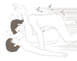 2boys ace_of_diamond anal ass barefoot blush cum erection kuramochi_youichi male_focus male_penetrated monochrome multiple_boys penis sawamura_eijun sex siroki sweat tagme white_background yaoi