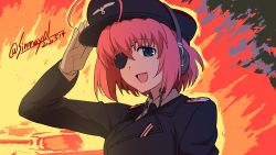 Rule 34 | 1girl, ahoge, black hat, black jacket, black necktie, blue eyes, borrowed character, commentary, dated, dress shirt, epaulettes, ernst von bauer, eyepatch, fang, fire, gloves, hat, highres, jacket, kurokishi monogatari, looking at viewer, military, military dress uniform, military hat, military uniform, military vehicle, motor vehicle, necktie, open mouth, panther (tank), peaked cap, pink hair, salute, shinmai (kyata), shirt, short hair, smile, solo, tank, throat microphone, twitter username, white gloves, white shirt, wing collar
