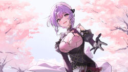 1girl ahoge arm_support bare_shoulders black_gloves breasts cherry_blossoms chinese_clothes cleavage colored_bangs detached_sleeves dress earrings flower_earrings gloves hair_ornament jewelry kanzashi kozue_mone kozue_mone_(maid) large_breasts looking_at_viewer maid maid_headdress nape_braid nijisanji open_mouth outdoors outstretched_arm pink_eyes purple_hair reaching reaching_towards_viewer sakauri_rk smile solo virtual_youtuber wind