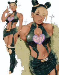 1girl arms_behind_back black_eyes breasts cleavage cosplay dark-skinned_female dark_skin double_bun earrings full_body giganticbuddha gold_earrings green_hair green_skirt hair_bun highres jewelry jojo_no_kimyou_na_bouken kujo_jolyne_(cosplay) kuujou_jolyne large_breasts megan_thee_stallion miniskirt multiple_views parted_lips piercing real_life simple_background skirt solo solo_focus sparkle standing stone_ocean white_background