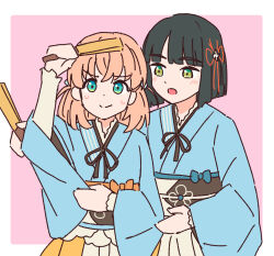 Rule 34 | 2girls, 37.5c no fantasy, :d, alt text, aqua eyes, black hair, black sash, blue kimono, blunt bangs, blunt ends, bob cut, cerise bouquet, closed mouth, commentary request, dancing, flower, flower knot, folded fan, folding fan, green eyes, hair flower, hair ornament, hand fan, hinoshita kaho, holding, holding fan, japanese clothes, kimono, layered sleeves, link! like! love live!, long sleeves, looking at another, love live!, medium hair, momose ginko, multiple girls, nogreen, obi, obiage, obijime, official alternate costume, open mouth, orange hair, rabbit hair ornament, sash, short hair, smile, split mouth, sweat, teaching, two-tone sash, two side up, virtual youtuber, white sash, wide sleeves