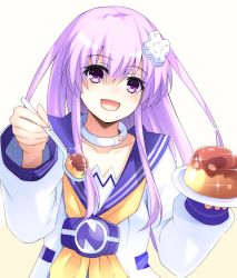 1girl collar collarbone commentary_request d-pad d-pad_hair_ornament doria_(p_f_dolia) dress female_focus food hair_between_eyes hair_ornament holding holding_plate holding_spoon long_hair long_sleeves looking_at_viewer neckerchief nepgear neptune_(series) open_mouth plate pudding purple_eyes purple_hair sailor_collar sailor_dress school_uniform serafuku sidelocks simple_background smile solo sparkle spoon white_background white_dress yellow_neckerchief
