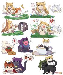 absurdres anger_vein animal animalization black_hair blonde_hair bush cat cup fern_(sousou_no_frieren) frieren green_hair highres j_humbo land_(sousou_no_frieren) long_hair multicolored_hair purple_hair red_hair serie_(sousou_no_frieren) simple_background sousou_no_frieren spoken_anger_vein stark_(sousou_no_frieren) tomato two-tone_hair ubel_(sousou_no_frieren) white_background