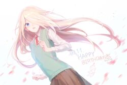 1girl blonde_hair blue_eyes blush brown_skirt collared_shirt dated floating_hair go_na-rae hair_over_one_eye happy_birthday idtkrk05 long_hair long_sleeves looking_at_viewer necktie open_mouth pleated_skirt red_necktie school_uniform shirt skirt solo sweater_vest twitter_username very_long_hair white_background white_shirt zombie_high_school