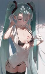 1girl 200f_(nifu) absurdres aqua_eyes aqua_hair aqua_necktie aqua_trim bare_arms bare_shoulders bikini black_bikini black_boots blush boots breast_tattoo breasts collarbone collared_shirt commentary cowboy_shot gloves hair_between_eyes hair_ornament half_gloves hand_up hatsune_miku highres hot long_hair necktie no_pants number_tattoo outdoors panties parted_lips partially_unbuttoned shade shiny_swimsuit shirt side-tie_bikini_bottom sidelocks sideways_glance skindentation sleeveless sleeveless_shirt small_breasts solo string_bikini sweat swimsuit symbol-only_commentary tattoo teeth thigh_boots thighs tie_clip tucking_hair twintails underwear unworn_necktie very_long_hair vocaloid white_gloves white_shirt