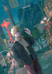 1boy absurdres arm_up bakugou_katsuki black_jacket blonde_hair boku_no_hero_academia breast_pocket cable cityscape closed_mouth commentary_request english_text facial_scar hair_between_eyes hand_in_pocket highres hotel jacket koromo06418109 lamppost long_sleeves looking_ahead male_focus night night_sky outdoors pants parted_bangs pocket red_eyes red_pants scar scar_on_cheek scar_on_face scarf shirt short_hair sky sleeve_cuffs solo spiked_hair standing tree utility_pole white_scarf white_shirt