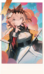 1girl animal_ears arknights black_coat brown_hair cat_ears cat_girl coat dress dutch_angle flower grey_eyes hair_flower hair_ornament highres huajiaohaibao long_hair long_sleeves looking_at_viewer scissors smile solo vendela_(arknights) white_dress