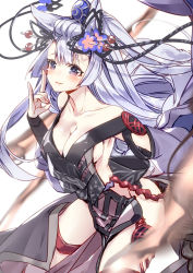 1girl 218 animal_ears black_ribbon blue_eyes blush breasts cleavage collarbone female_focus flower granblue_fantasy hair_between_eyes hair_flower hair_ornament hair_ribbon large_breasts long_hair ribbon sideboob silver_hair sketch societte_(granblue_fantasy) solo thigh_strap wolf_ears