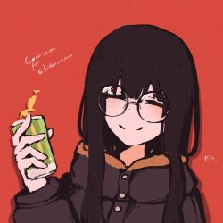 Rule 34 | 1girl, absurdres, beer can, black hair, black jacket, can, closed eyes, commentary, commission, commissioner name, dated, drink can, english commentary, glasses, highres, holding, holding can, jacket, long hair, portrait, red background, rnna, round eyewear, signature, simple background, smile, solo, straight hair, toba minami, yurucamp