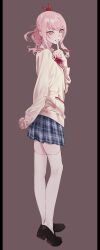 1other :d absurdres akiyama_mizuki arm_behind_back black_shoes blue_skirt bow bowtie brown_background buttons cardigan collared_shirt commentary_request diagonal-striped_bow diagonal-striped_bowtie diagonal-striped_clothes drill_hair drill_ponytail finger_to_mouth from_behind grin hair_bow highres index_finger_raised kamiyama_high_school_uniform_(project_sekai) knees_apart_feet_together lips loafers long_sleeves looking_at_viewer looking_back medium_hair miniskirt nail_polish open_mouth other_focus pillarboxed pink_eyes pink_hair pink_nails plaid_clothes plaid_skirt pleated_skirt pocket ponytail project_sekai puffy_long_sleeves puffy_sleeves red_bow red_bowtie sa_tsuko school_uniform shirt shoes sidelocks simple_background skirt smile standing striped_clothes swept_bangs thighhighs white_shirt white_thighhighs yellow_cardigan zettai_ryouiki