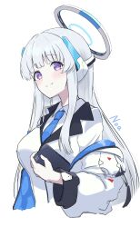 1girl absurdres blue_archive blue_necktie blush breasts character_name closed_mouth collared_shirt formal_clothes grey_hair halo headphones highres jacket large_breasts long_hair long_sleeves mechanical_halo necktie noa_(blue_archive) ogura_toast purple_eyes shirt simple_background smile solo suit two-sided_fabric two-sided_jacket upper_body white_background white_shirt