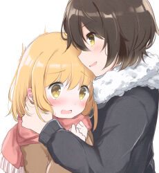 2girls asagao_to_kase-san blonde_hair blush brown_hair brown_sweater commentary_request couple dot_nose ear_blush grey_sweater hand_on_another&#039;s_ear hands_up hug_from_side kase_tomoka medium_hair multiple_girls notice_lines open_mouth pink_scarf raised_inner_eyebrows scarf short_hair simple_background sweatdrop sweater upper_body wavy_mouth white_background white_scarf yakata_mana yamada_yui yellow_eyes yuri