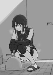 1girl absurdres clothes_pull fuku_(fuku12290574) greyscale highres indoors knee_pads monochrome original pants pants_pull ponytail slippers sportswear squat_toilet squatting toilet_stall toilet_use volleyball_uniform