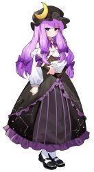 1girl alternate_costume bare_shoulders black_dress black_hat black_shoes blunt_bangs blush book bow bowtie collar crescent crescent_hat_ornament detached_collar dress frilled_dress frilled_sleeves frills full_body hair_bow hat hat_ornament highres holding holding_book kinamielise layered_dress long_hair long_sleeves looking_at_viewer mary_janes mob_cap off-shoulder_dress off_shoulder patchouli_knowledge puffy_sleeves purple_bow purple_bowtie purple_eyes purple_hair purple_ribbon ribbon ribbon-trimmed_headwear ribbon_trim shoes smile socks solo standing striped_clothes striped_dress tachi-e touhou transparent_background white_collar white_socks