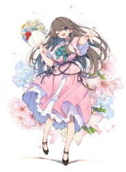 1girl ;d absurdres aqua_ascot black_shoes blue_flower bouquet breasts brown_hair commentary_request dream_believers dress floral_background flower flower_request frilled_dress frills fujishima_megumi full_body hamayumiba_sou highres holding holding_bouquet large_breasts link!_like!_love_live! long_hair looking_at_viewer love_live! official_alternate_costume one_eye_closed open_mouth pink_dress pinstripe_ascot purple_eyes red_flower red_rose rose shoes short_sleeves smile solo standing two_side_up underbust virtual_graduation_commemoration virtual_youtuber white_background white_flower