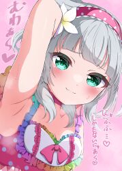 1girl absurdres armpits bikini blunt_bangs blush bow bra choker closed_mouth collarbone commentary_request dress flower frills green_eyes grey_hair hair_ornament hairband heart highres kashiwagi_mia looking_at_viewer ongeki polka_dot polka_dot_bikini polka_dot_bow polka_dot_bra polka_dot_dress presenting_armpit sen_chan_(akane1023) smile solo swimsuit underwear virtual_youtuber