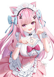 1girl ahoge animal_ears belt black_choker blue_bow blush bow braid breasts cat_choker cat_ears cat_girl choker cleavage cleavage_cutout clothing_cutout collarbone commentary dress extra_ears fangs fish_hair_ornament ghost_hair_ornament hair_bow hair_ornament hairclip heart heart_hair_ornament highres indie_virtual_youtuber large_breasts long_hair looking_at_viewer maid maid_headdress o-ring o-ring_choker open_mouth paw_pose paw_print pink_belt pink_bow pink_dress pink_eyes pink_hair short_sleeves signature simple_background skin_fangs skyrail smile solo two_side_up underbust virtual_youtuber white_background white_wrist_cuffs wing_hair_ornament wrist_cuffs yuuki_sakuna yuuki_sakuna_(1st_costume)
