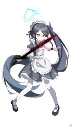 1girl absurdly_long_hair absurdres apron aqua_halo aqua_ribbon aris_(blue_archive) aris_(maid)_(blue_archive) black_dress black_hair blue_archive blue_halo closed_mouth commentary_request dress frilled_apron frills full_body green_halo halo highres kei_(blue_archive) kiroshi korean_commentary long_hair looking_at_viewer maid maid_apron maid_headdress mary_janes official_alternate_costume pantyhose ponytail puffy_short_sleeves puffy_sleeves rectangular_halo red_eyes ribbon ringed_eyes shoes short_sleeves simple_background solo standing very_long_hair weapon white_apron white_background white_pantyhose