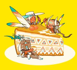 1girl 2boys 3boys blue_eyes brown_hair cake colored_inner_hair cowboy_hat dark-skinned_female dark-skinned_male dark_skin edarow food fork full_body hat holding holding_food holding_fork hoof_shoes horned_hat long_hair male_focus mini_person miniboy multicolored_hair multiple_boys native_american original sitting skull_on_head solo striped_hair very_long_hair white_hair yellow_background