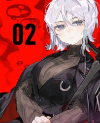 Rule 34 | 1girl, black coat, black vest, blue eyes, breasts, brown sweater, closed mouth, coat, coat on shoulders, faust (project moon), hamelon310, highres, holding, holding sword, holding weapon, lapels, large breasts, limbus company, looking at viewer, notched lapels, project moon, red background, ribbed sweater, short hair, sidelocks, simple background, smile, solo, sweater, sword, vest, weapon, white hair, zweihander