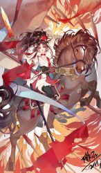 1girl absurdres black_hair brown_eyes brown_hair choker fire high_ponytail highres holding holding_weapon horse japanese_clothes kimono long_hair long_sleeves looking_at_viewer parted_bangs pleated_skirt ponytail red_kimono scarlet_(garnet1990) skirt solo tassel thighhighs wangzhe_rongyao war weapon white_skirt wide_sleeves yun_ying