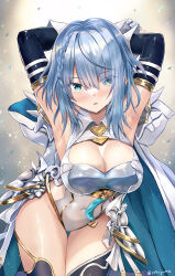 1girl absurdres aqua_cape aqua_eyes armor armpits arms_behind_head black_sleeves blue_hair blush braid breasts cape cleavage covered_navel detached_sleeves dreizehn_(shadowverse) gloves groin hair_between_eyes hair_over_one_eye highleg highleg_leotard highres hip_armor large_breasts leotard looking_at_viewer medium_hair parted_lips presenting_armpit shadowverse shadowverse:_worlds_beyond shiny_skin shoulder_armor single_braid solo standing staryume thighs white_cape white_gloves white_leotard