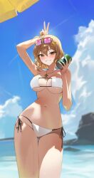 absurdres anis_(nikke) anis_(sparkling_summer)_(nikke) aviator_sunglasses bikini bllustration brown_hair can drink_can eyepatch_bikini eyewear_on_head goddess_of_victory:_nikke highres holding holding_can jewelry necklace pink-tinted_eyewear soda_can star_(symbol) star_necklace sunglasses swimsuit tinted_eyewear white_bikini