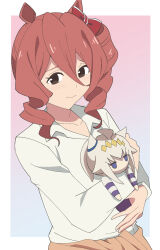 1girl animal_ears black_eyes blue_sky_story blush bow brown_eyes brown_sweater character_doll closed_mouth clothes_around_waist commentary doll dress_shirt drill_hair drill_sidelocks ear_bow frown highres holding holding_doll horse_ears horse_girl kasamatsu_tracen_school_uniform light_blush long_sleeves looking_at_viewer medium_hair norn_ace_(umamusume) oguri_cap_(umamusume) red_bow school_uniform shirt sidelocks solo sweater sweater_around_waist twin_drills umamusume umamusume:_cinderella_gray upper_body white_shirt wing_collar